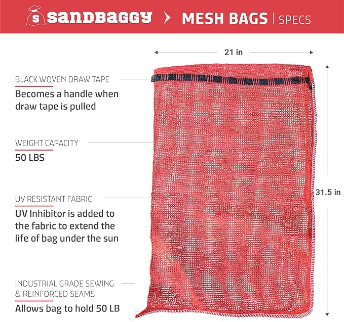 Sandbaggy Mesh Onion Produce Bags | X-Large 21" x 31.5 Inch Bags | 50 lb Capacity | Breathable Fabric | Great for Packaging Produce & Fruit (Pack of 25)