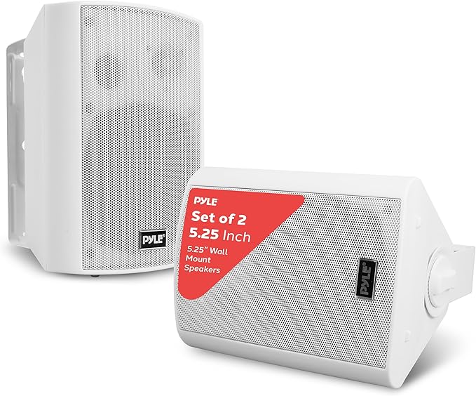 Pyle Wall Mount Bluetooth Home Speaker System - Active + Passive Pair, Wireless, Water-resistant, Stereo Sound, AUX IN (Wh...