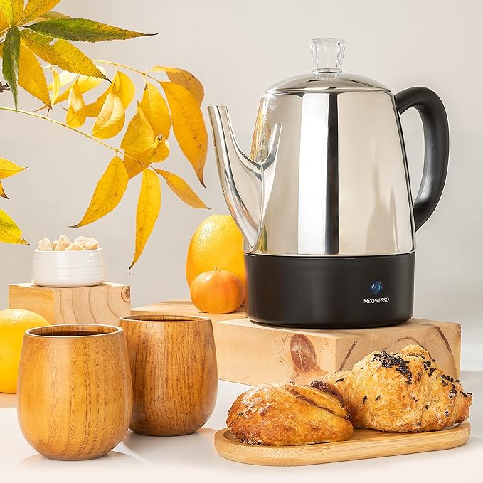 Mixpresso Small Percolator Coffee Pot Electric 4 Cup, Stainless Steel Coffee Maker, Coffee Percolator Electric With Keep Warm Function, 4 Cups Stainless Steel Perculator With Basket