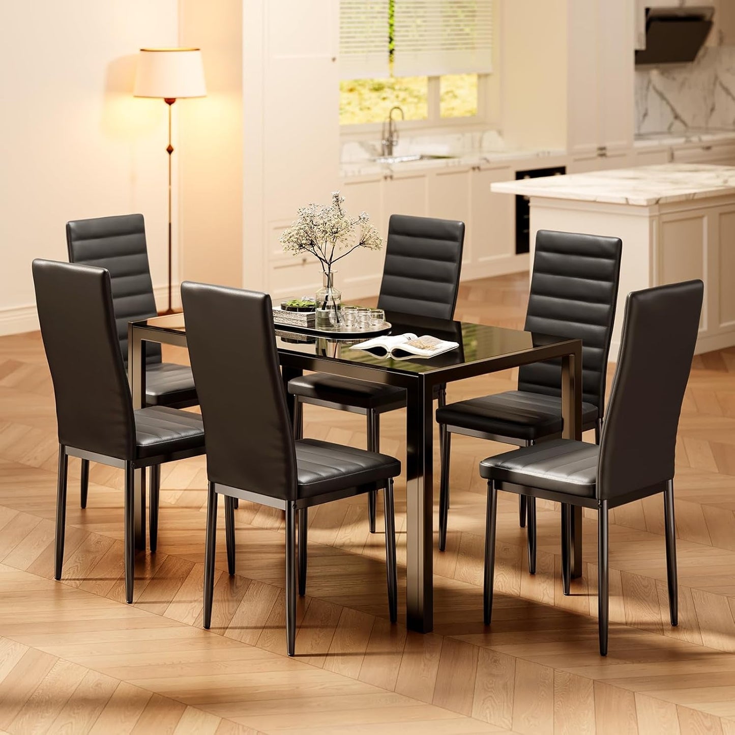 Kitchen Dining Table Set for 6, Tempered Glass 7 Piece Table and Chairs Set Modern for Home, Kitchen, Living Room, Dining Room,Black