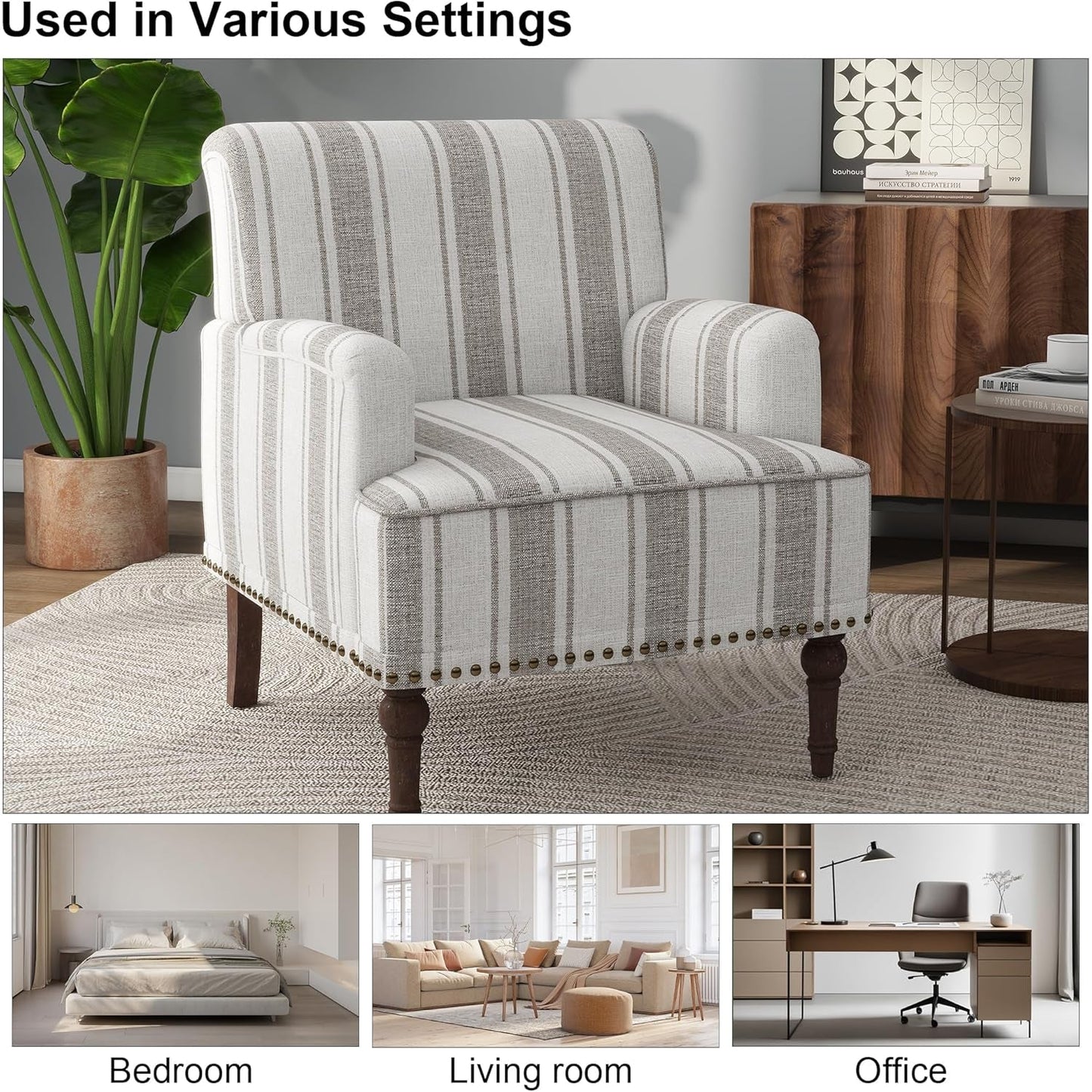 Accent Chair, Mid Century Modern Comfy Armchair for Living Room, Linen Fabric Single Sofa Lounge for Reading Bedroom Apartment Waiting Room with Wood Legs (Brown Stripe, Set of 1)