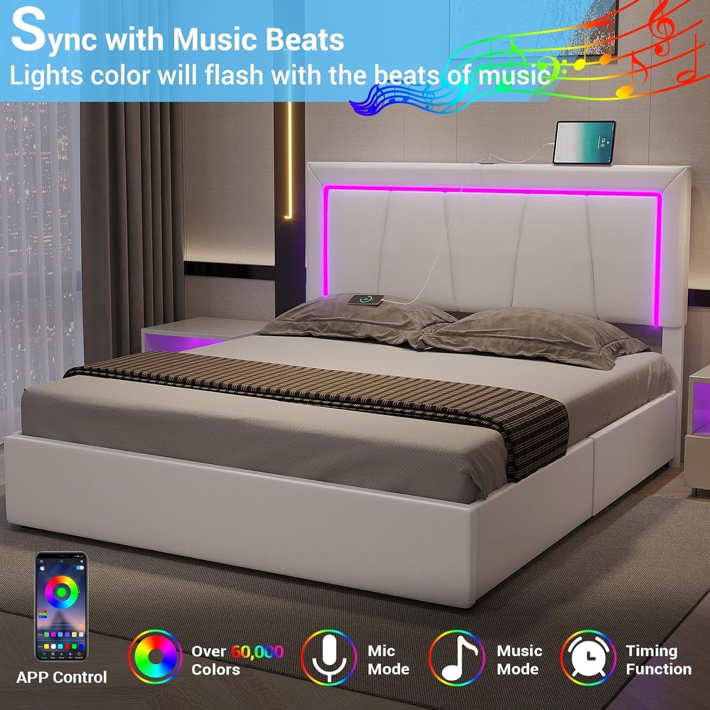 Queen Bed Frame with 4 Storage Drawers and LED Lights, Faux Leather Upholstered Platform Bed Frame Queen Size with USB Ports & Adjustable LED Headboard, No Box Spring Needed, Noise Free, White
