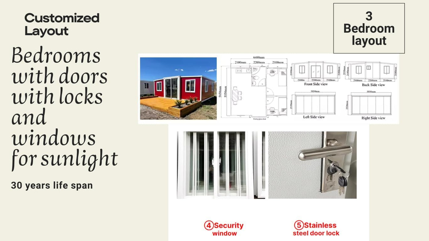 SEQ 20FT by 20Ft Tiny House to Live In, Portable Container Prefab House with 3 Bedrooms,1 Fully Equipped Bathroom, and Kitchen. 4 in 1 Foldable, Movable, Expandible,Weather-Resistant 30 Years Life