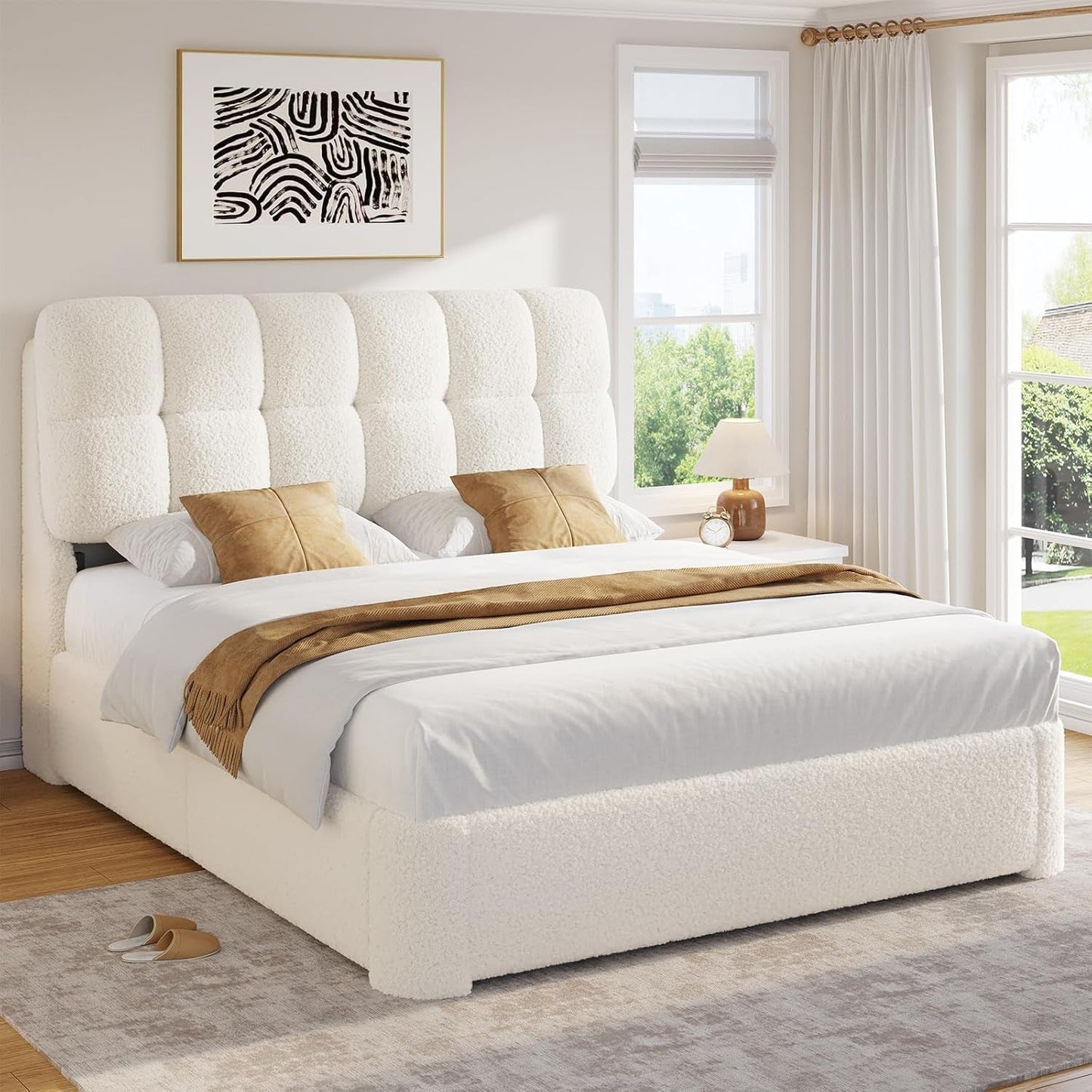 Boucle Full Size Bed Frame with Headboard, Modern Upholstered Platform Bed Frame Full with Rounded Corners, Soft Cloud Beds, Wood Slats Support, No Box Spring Needed, Easy Assembly, Cream