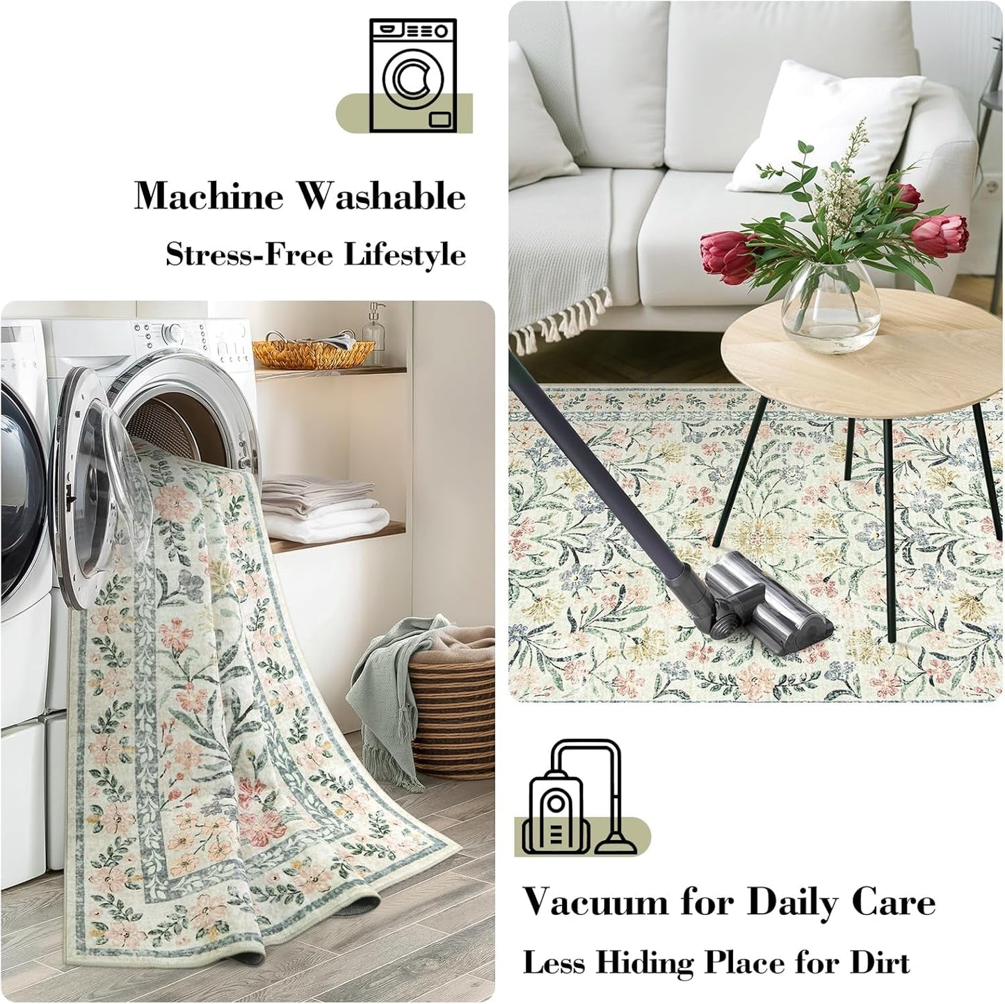 Boho Washable Rug 8X10, Large Area Rug for Living Room, Soft Floral Carpet for Bedroom Non Slip, 8 X 10 Indoor Beige Carpets for Nursery Dining Room Apartment Office Decor