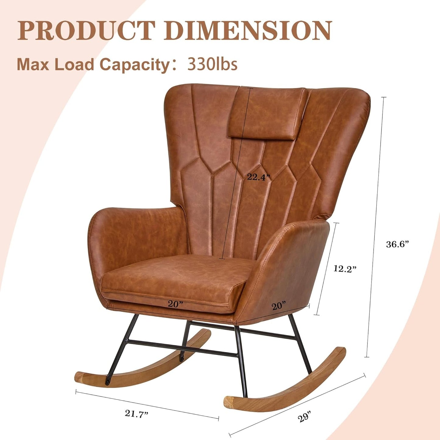 Rocking Chair Nursery with Thick Headrest, Modern PU Upholstered Reading Glider Rocker Accent Armchair with High Backrest, Padded Seat, Side Pocket, for Livingroom, Bedroom, Baby Room, Brown