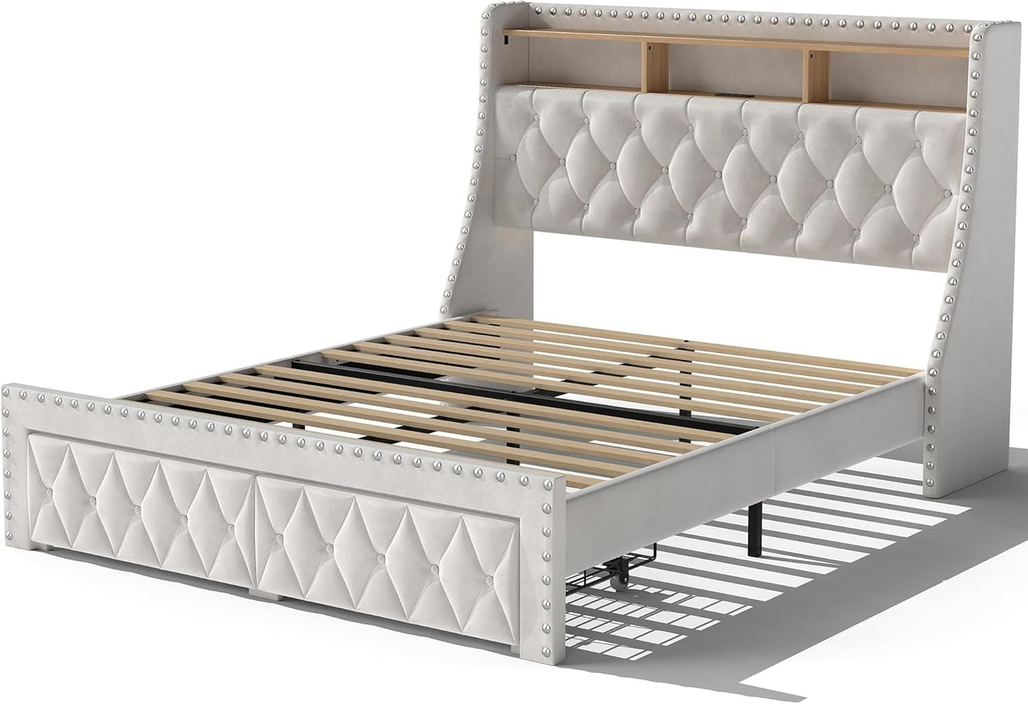 1000Lbs Heavy Duty Queen Size Bed Frame with 3-Tier Storage, Tall Wingback Headboard Upholstered Velvet Modern Platform Bed with Charging Station, No Box Spring Needed