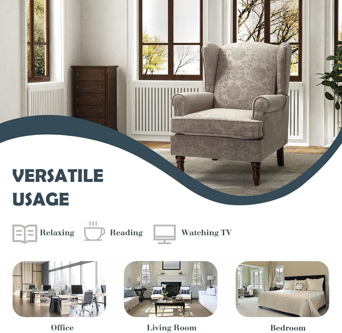Wingback Accent Chair with Retro Wood Legs, Traditional Fabric Armchair for Living Room Bedroom, Comfy Upholstered Single Sofa Chair Reading Chair with Unique Pattern Design, Brocade