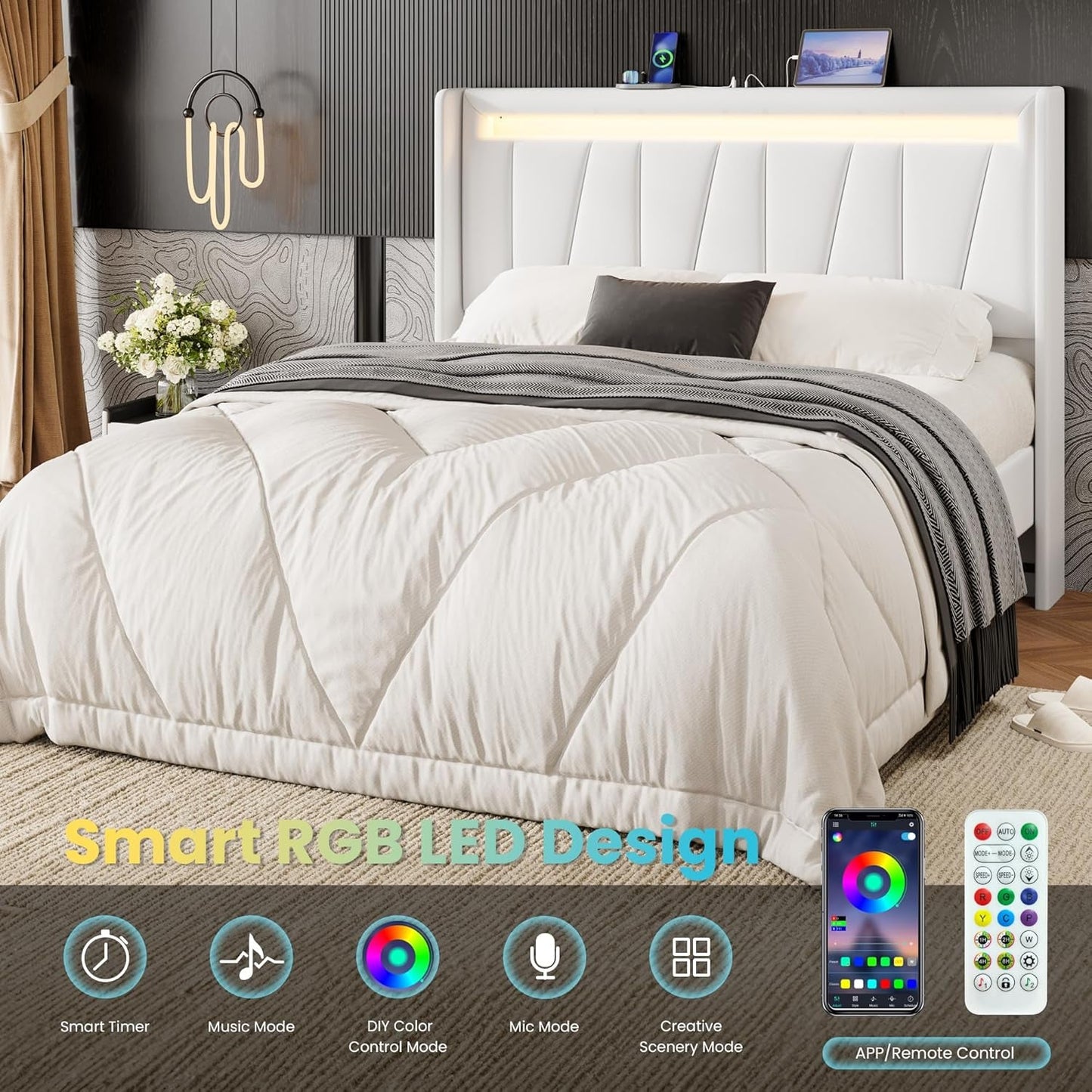 Full Size Bed Frame with Charging Station and LED Lights, Modern Velvet Platform Bed with Upholstered Geometric Wingback Headboard, No Box Spring Needed, Easy Assembly, White