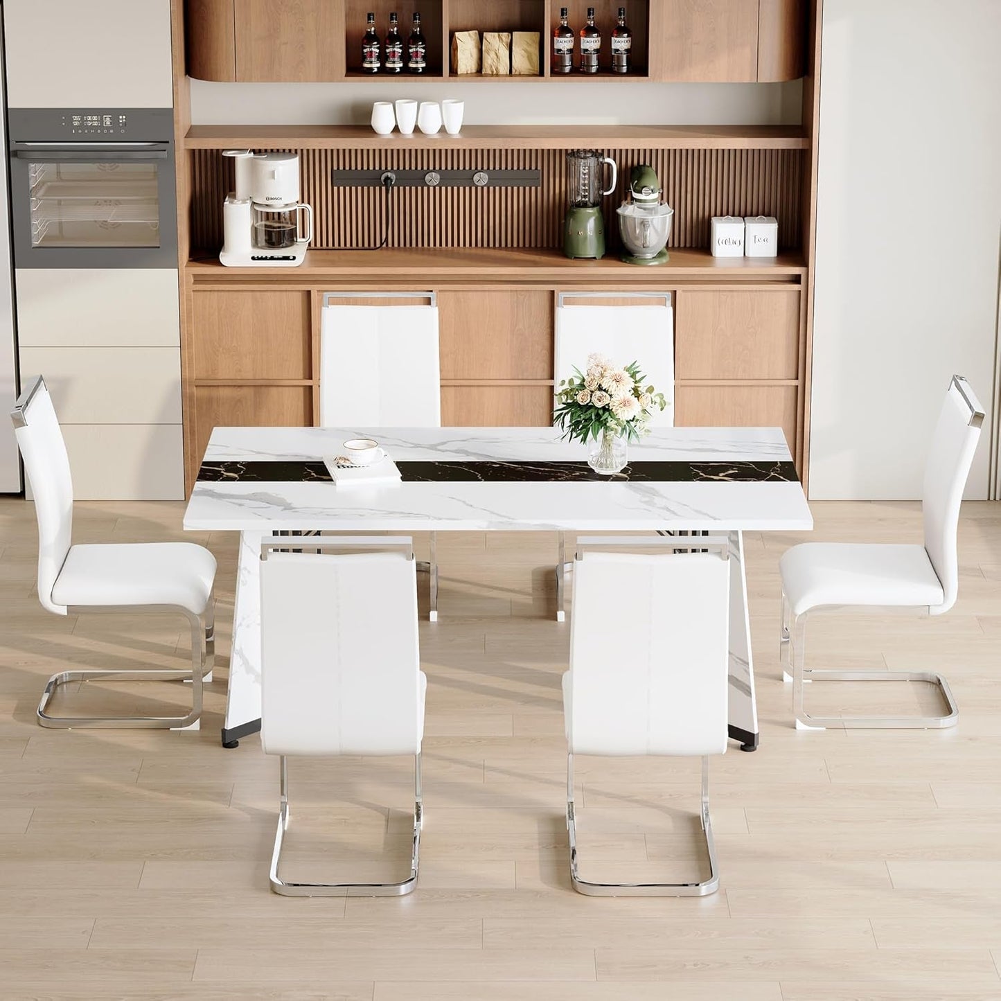 Dining Table Set for 6,White Marble 71'' Dining Room Table with Spacious Legroom and White Leather Dining Chairs,Easy Assembley,7 Pieces Kitchen Table and Chairs for Dining Room,Restaurant