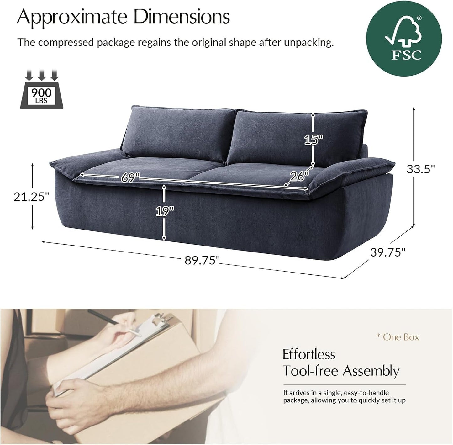 89" Oversized Boneless Couch, 3 Seater Compressed Foam Sofa with Deep Seat, Comfy Cloud Couch with Removable Seat and Back Cushions, No Assembly Required, Navy