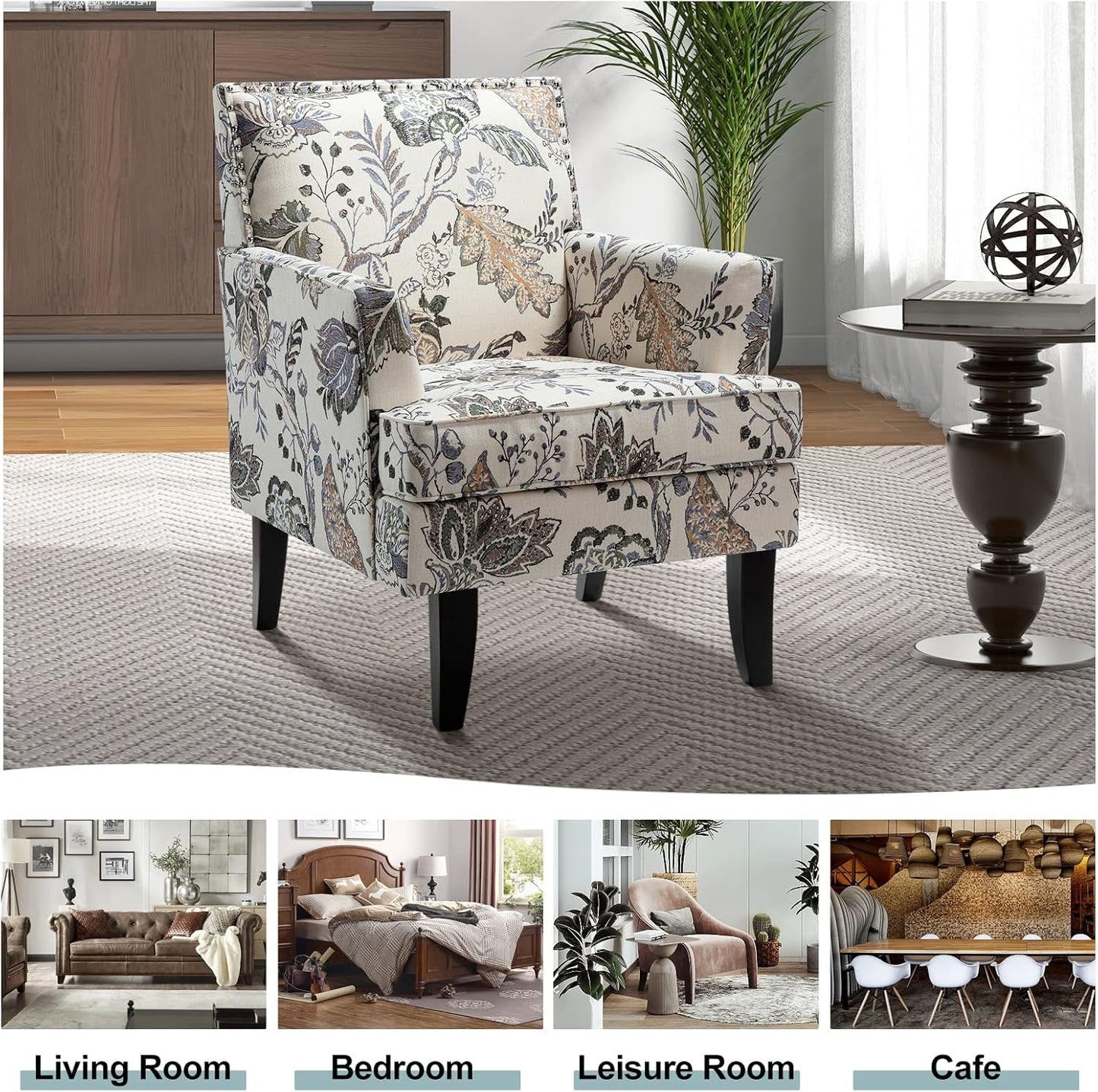 Modern Accent Chair with Arms and Wooden Legs, Floral Patterned Accent Chair Armchair High Back Rest, Padded Armrest and Comfortable Cushioned Seat for Living Room (Orange Grey Floral)