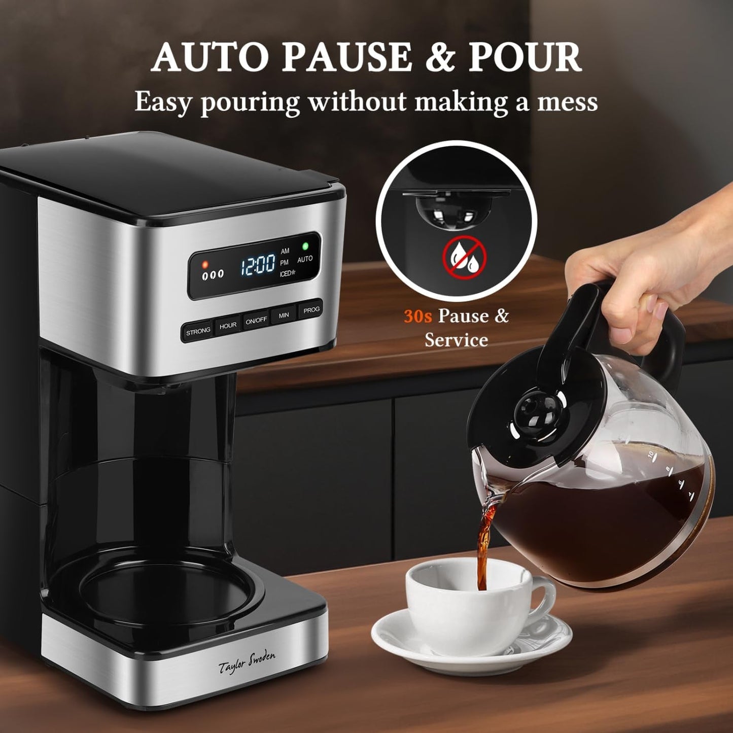 Programmable Coffee Makers 12 Cup, Hot and Iced Coffee Maker, 4 Brew Strength, LED Display, 24H Timer, Keep Warm&Auto Shutoff- Drip Coffee Machine for Home/Office, Black &Stainless Steel