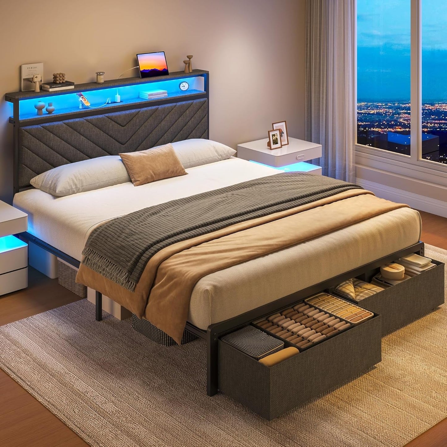Queen Bed Frame with 2 Drawers, Upholstered Headboard with Storage and Charging Station, LED Lights, Fabric Drawers with Wheels, under Bed Storage, No Box Spring Needed, Easy Assembly, Grey