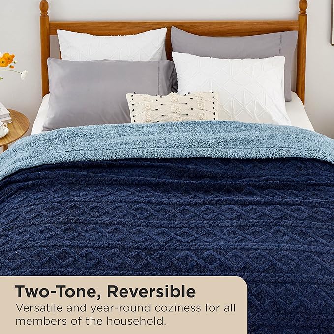 Bedsure Sherpa King Size Blanket for Bed- GentleSoft Fleece Fluffy & Cozy Cable Jacquard Tufted for Women Gift, Thick and Warm Blankets for Winter, Navy, 108x90 Inches