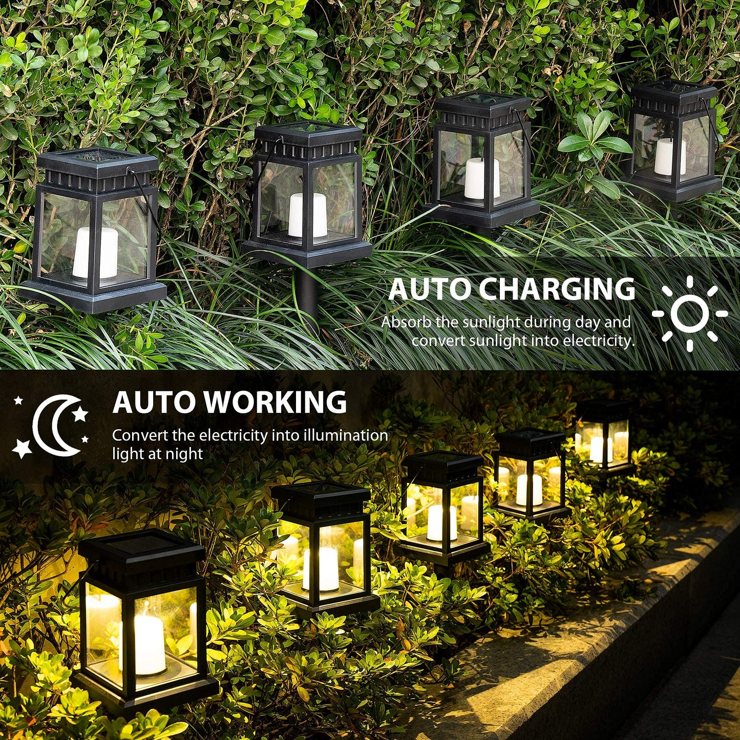 Solpex Solar Lanterns Outdoor - 8 Pack Led Hanging Lights, Waterproof, Candle Effect, Black, 3.5X3.5X16.2, Model 8374-X
