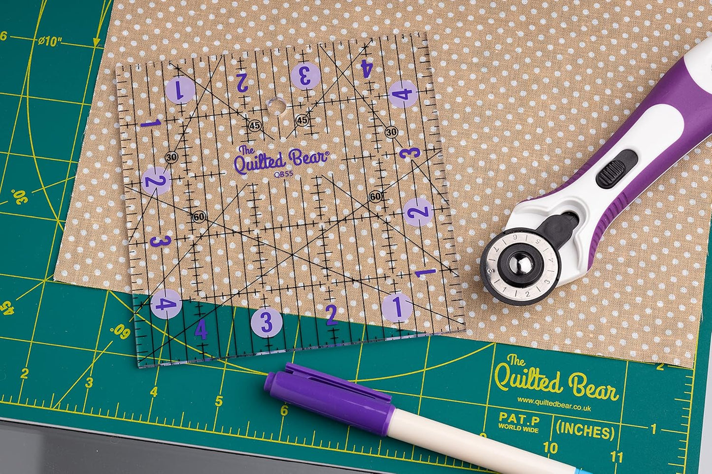 The Quilted Bear Quilting Rulers - Transparent Acrylic Non Slip Quilting, Patchwork & Sewing Ruler with Clear Black Lines & 30, 45 & 60 Degree Angles for Perfect Accuracy & Precision (6.5" x 6.5")
