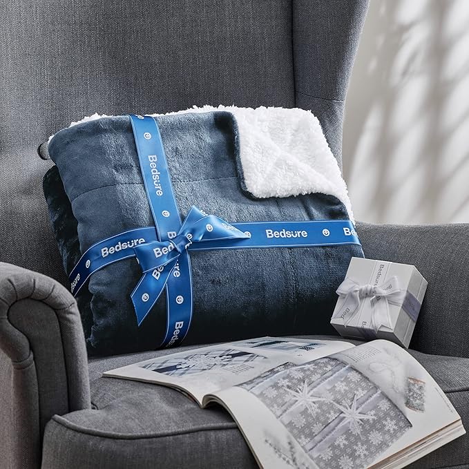 Bedsure GentleSoft Sherpa Fleece Throw Blanket Twin Size for Couch - Thick and Warm, Soft Fuzzy Plush Twin Blanket for Winter, Slate Blue, 60x80 Inches