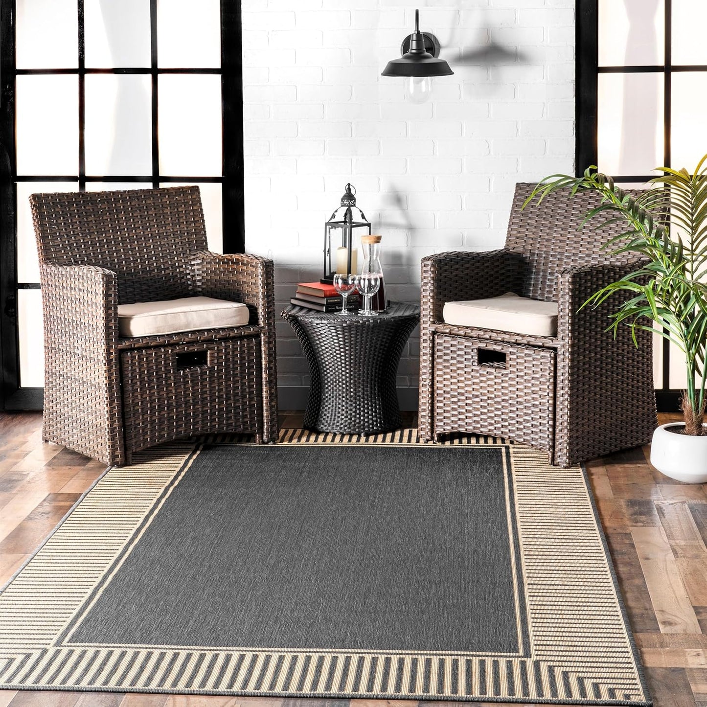 nuLOOM 4' x 6' Outdoor Area Rug, Casual Design With Striped Border, Stain Resistant, Highly Durable, For Patio, Balcony, Bedroom, Living Room, Dining Room, Bathroom, Dark Grey