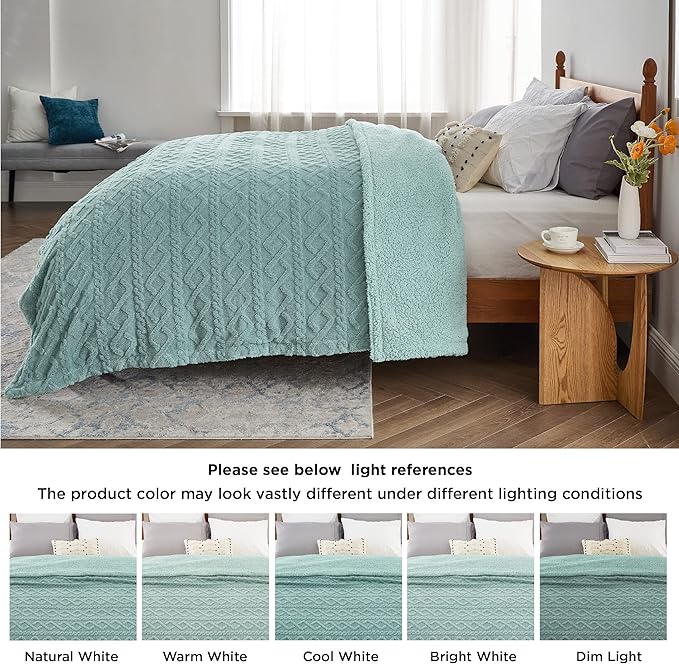 Bedsure Sherpa Fleece Blanket Twin Size for Bed - GentleSoft Fluffy & Cozy Cable Jacquard Tufted for Women Gift, Thick and Warm Blankets for Winter, Sage Green, 60x80 Inches