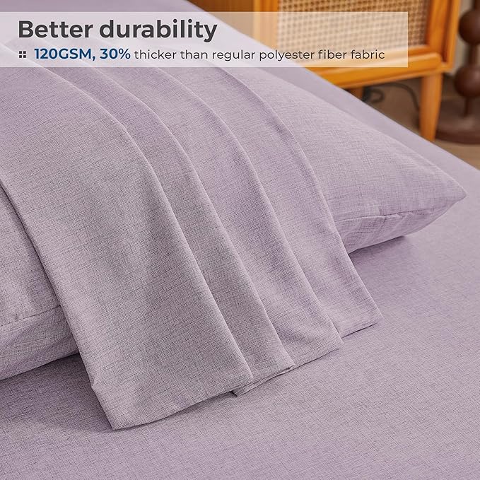 Queen Sheets Purple, Ultral Soft Cationic Linen Look Sheets, Luxury Cooling Cozy Bed Sheet Set with Non-Slip Fitted Sheet