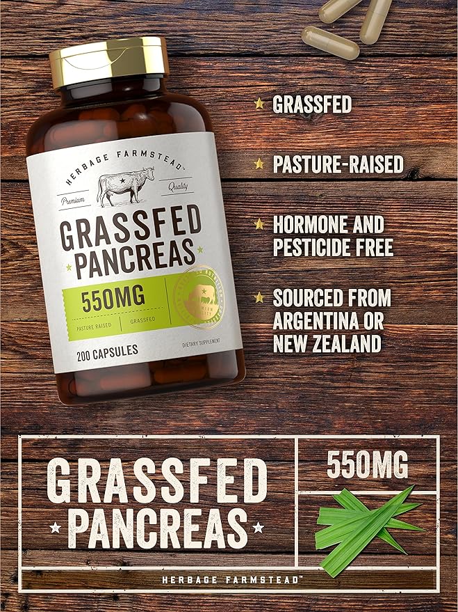 Carlyle Grass Fed Beef Pancreas | 550mg | 200 Capsules | Desiccated Pasture Raised Bovine Supplement | Non-GMO, Gluten Free | by Herbage Farmstead