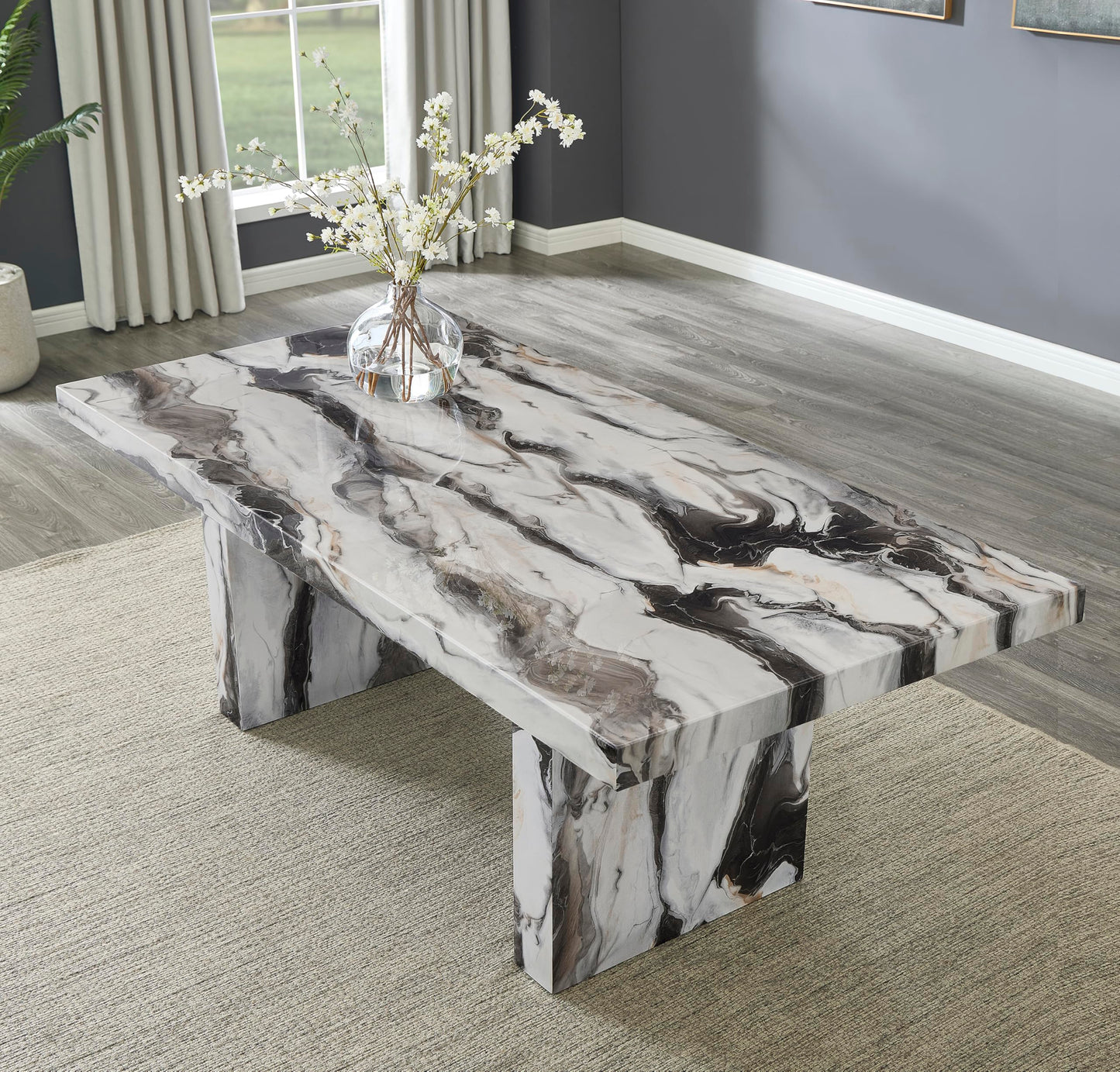 Roundhill Furniture Cavira 5-Piece Modern Faux Marble Dining Set, Double Pedestal Table with 4 Upholstered Chairs