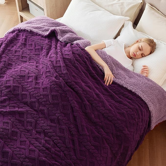 Bedsure Sherpa Queen Size Blanket for Bed - GentleSoft Fleece Fluffy & Cozy Cable Jacquard Tufted for Women Gift, Thick and Warm Blankets for Winter, Purple, 90x90 Inches