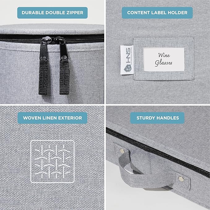 Hard Shell China Storage Containers 8-Piece Set Moving Boxes for Dinnerware, Glasses, Plates, Mugs and Saucers Sturdy Dish Organizer with Dividers for Seasonal Storage - Service for 12 - Grey