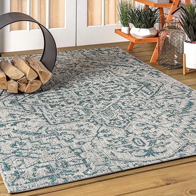 JONATHAN Y SMB105C-14 Estrella Bohemian Medallion Textured Weave Teal/Gray 10 ft. x 14 ft. Indoor/Outdoor Area Rug, Pet Friendly, Non-Shedding, Stain Resistant, Easy-Cleaning for Backyard, Patio