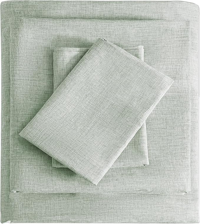 King Sheets Sage Green, Ultral Soft Cationic Linen Look Sheets, Luxury Cooling Cozy Bed Sheet Set with Non-Slip Fitted Sheet