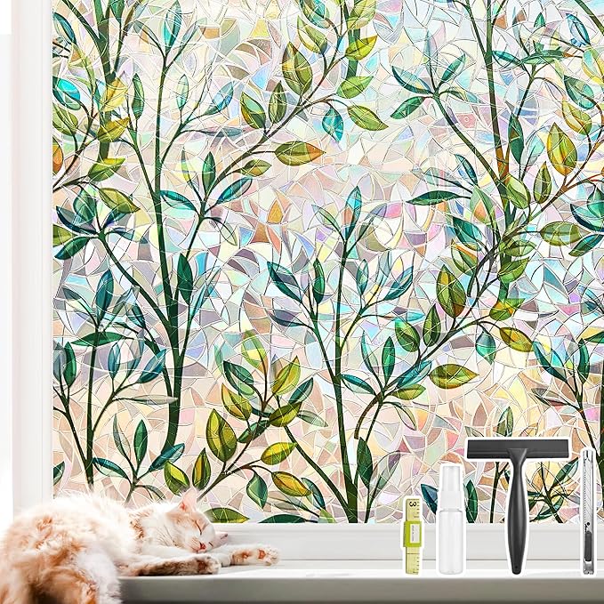 NINETREX Stained Glass Window Film 3D Decorative Cling, Sun Blocking Static Cling Removable Film for Glass Door, Home Decor Window Cover Non-Adhesive 45.2 x 157.4 inches, Leaf