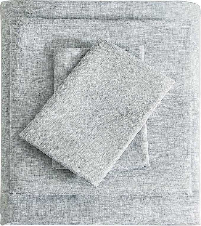 Twin Sheets Blue, Ultral Soft Cationic Linen Look Sheets, Luxury Cooling Cozy Bed Sheet Set with Non-Slip Fitted Sheet
