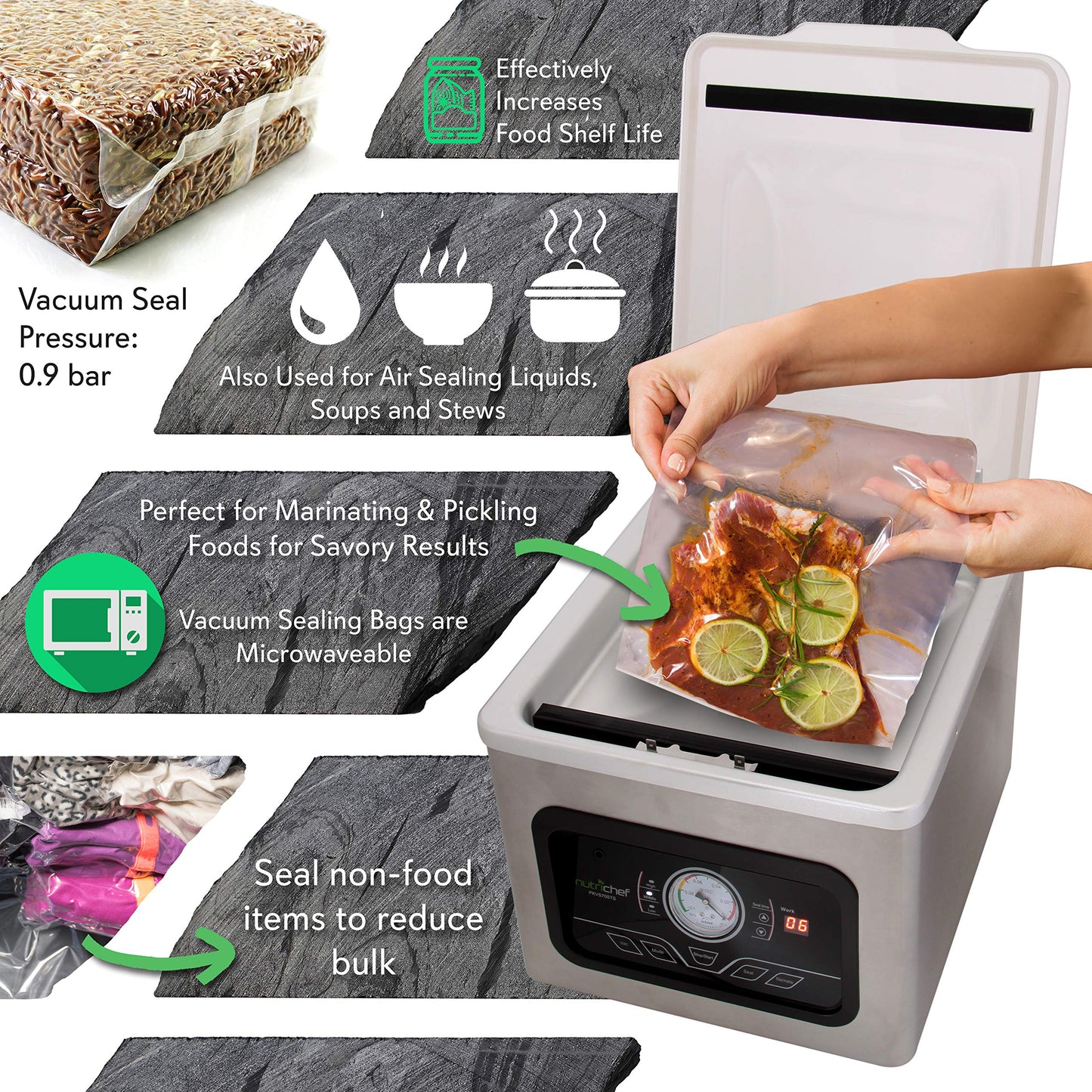 Nutrichef 350W Vacuum Sealer Machine - 8L Chamber Commercial Food Sealer, Automatic Meat Packing And Sous Vide System With Digit