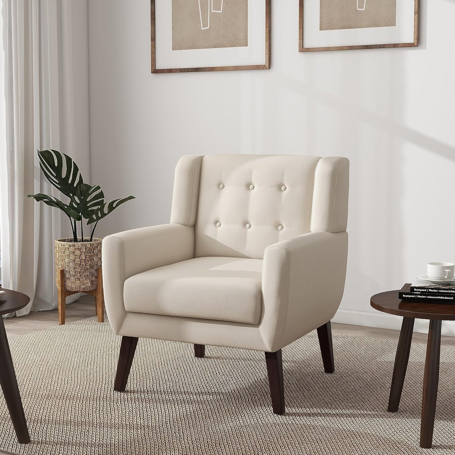 UIXE Accent Chair, Modern Upholstered Armchair in Fabric for Living Room, Comfy Club Arm Chairs Single Sofa Button Tufted Bedroom Reading Seat - White, Set of 1