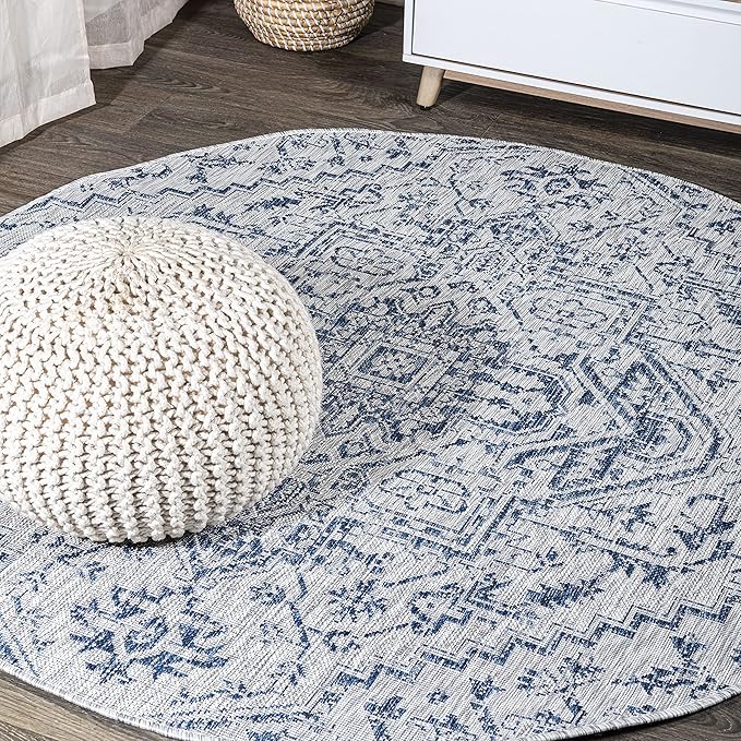 JONATHAN Y SMB105B-5R Estrella Bohemian Medallion Textured Weave Indoor Outdoor Area Rug, Coastal,Traditional,Transitional Easy Clean,Bedroom,Kitchen,Backyard,Patio, Non-Shed, Navy/Gray, 5' Round