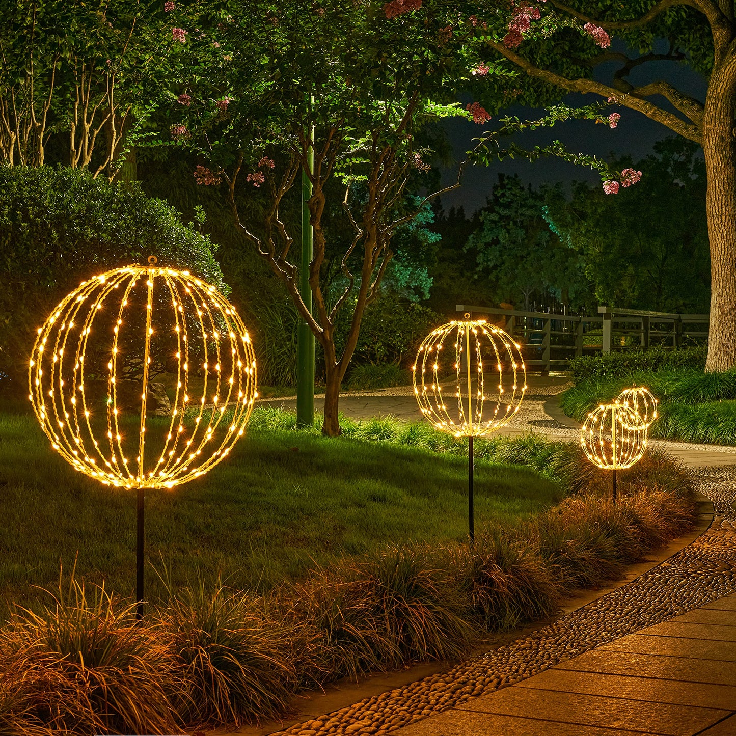 Lightshare 10In 48Led Light Ball Yard Decoration Pathway Lights Sphere Light With Fold Flat Metal Frame Indoor Outdoor Waterproof Garden Lights  Brown Frame / Warm White Lights  10