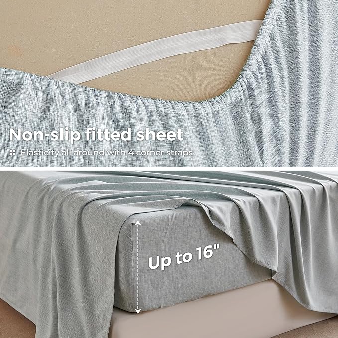 King Sheets Blue, Ultral Soft Cationic Linen Look Sheets, Luxury Cooling Cozy Bed Sheet Set with Non-Slip Fitted Sheet