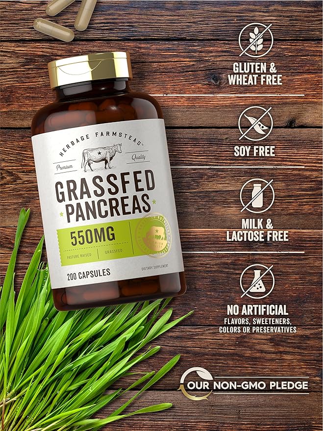 Carlyle Grass Fed Beef Pancreas | 550mg | 200 Capsules | Desiccated Pasture Raised Bovine Supplement | Non-GMO, Gluten Free | by Herbage Farmstead