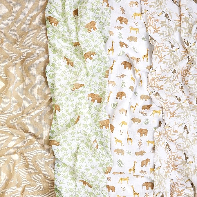 aden + anais Essentials Muslin Swaddle Blankets for Baby Girls and Boys, Newborn Receiving Blanket for Swaddling, 100% Cotton Baby Swaddle Wrap, 4 Pack, Tanzania