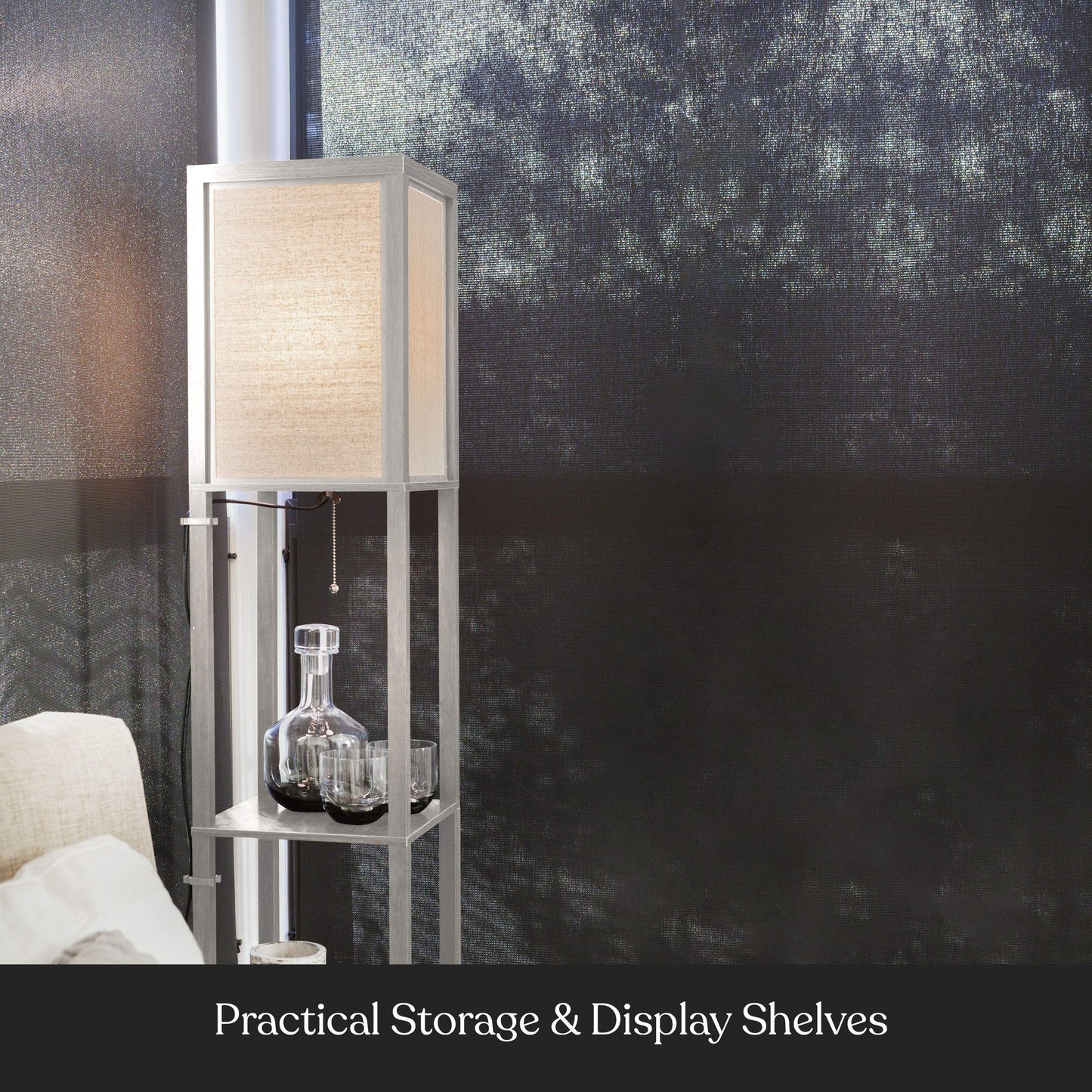 Brightech Maxwell Modern Shelf Floor Lamp with Shade, LED Bulb - Rustic Wood, Model FL-MX-RW