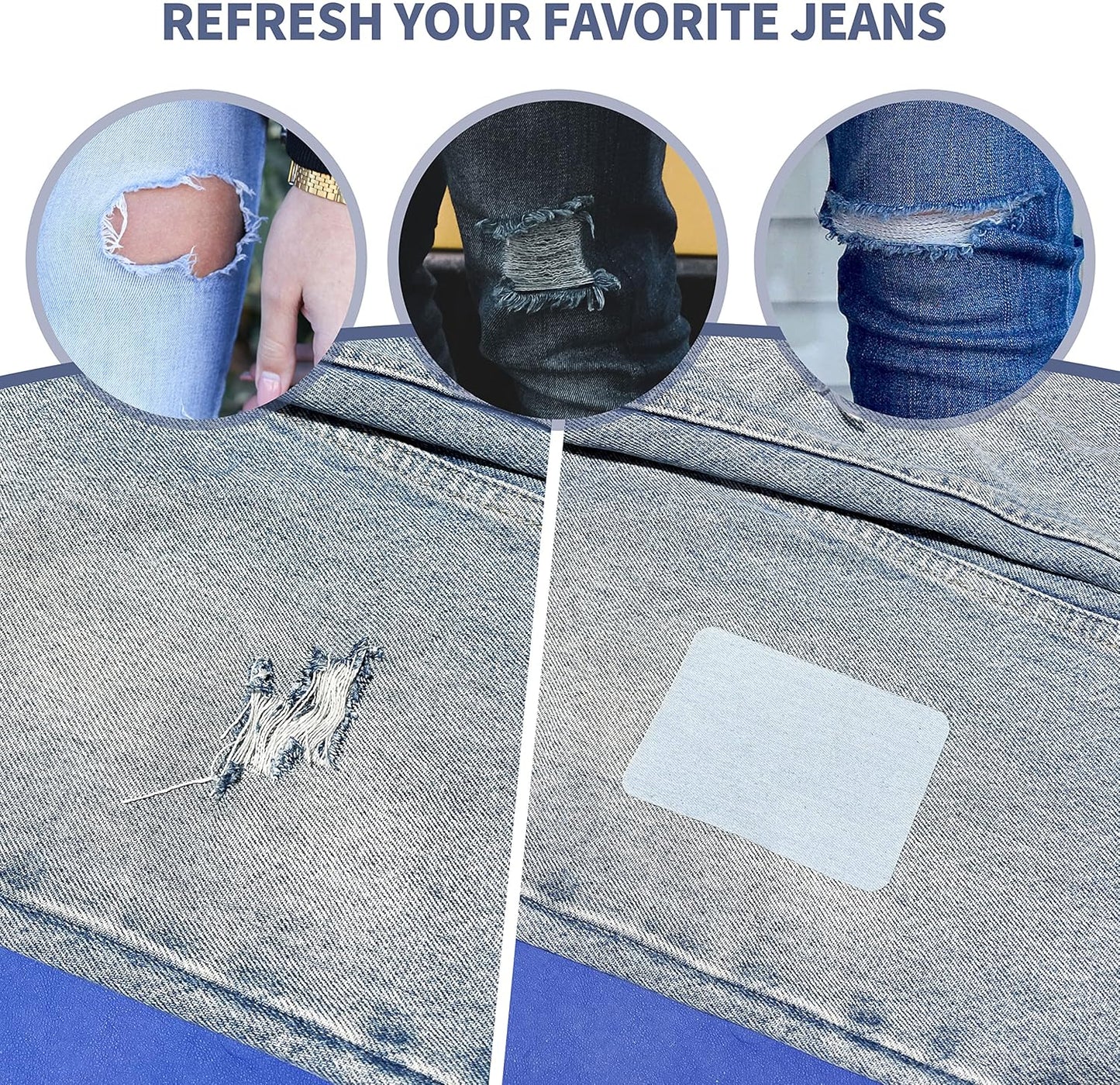 KING MOUNTAIN Iron-on Repair Patch 20 Pcs Pack,Denim Patches for Jeans Kit 3" by 4-1/4", 100% Cotton Denim Iron-on Repair Patch,Jeans and Clothing Repair and Decoration Kit (Five Color)