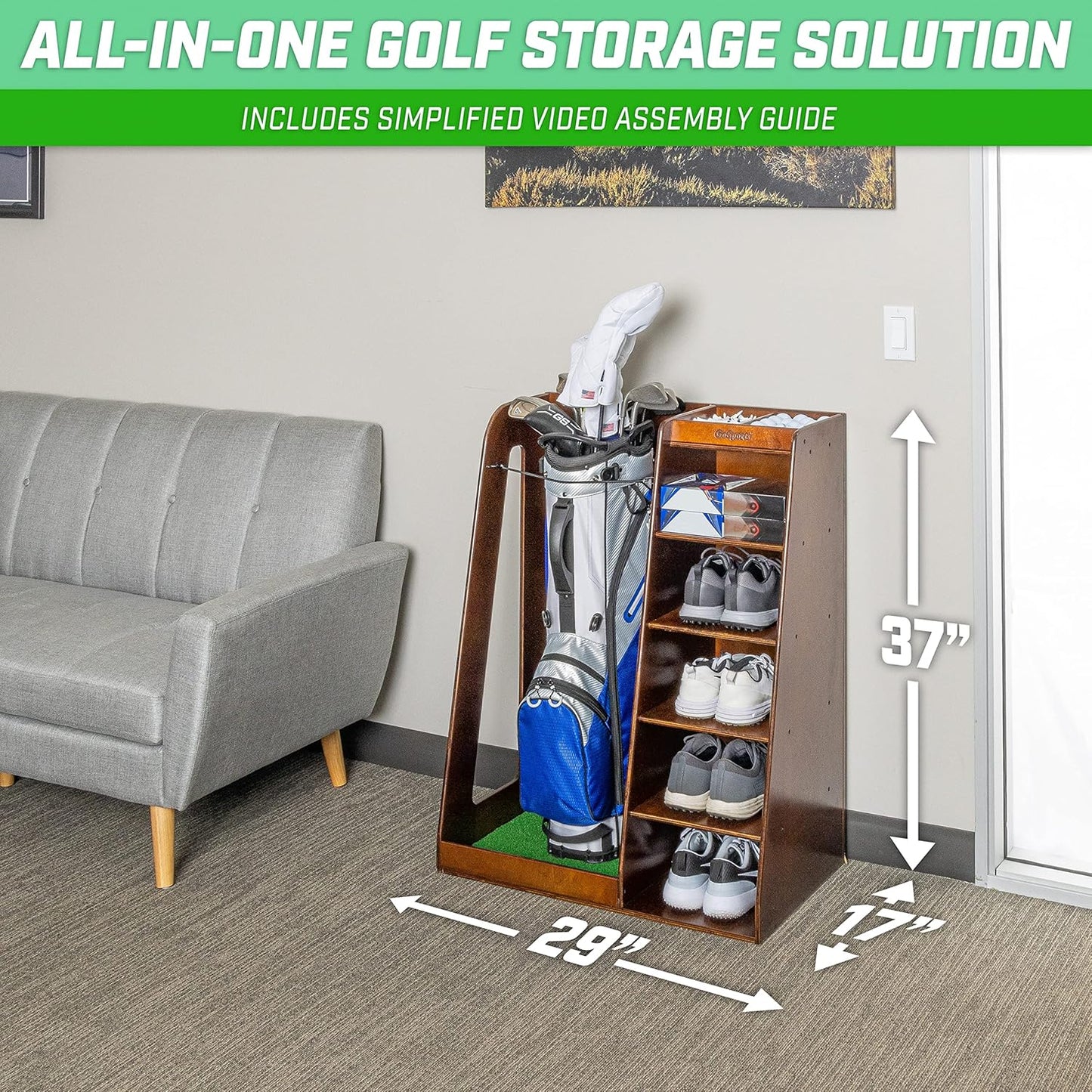 GoSports Premium Wooden Golf Bag Organizer and Storage Rack - Black, White or Brown Finish