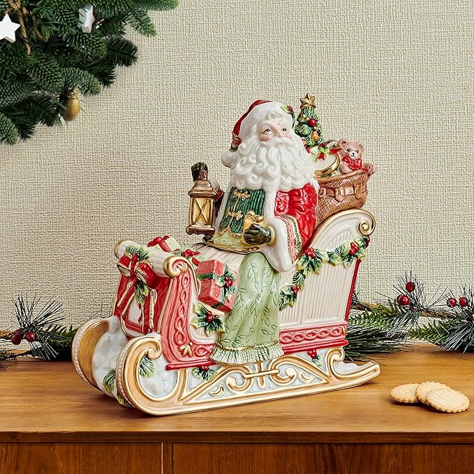 Fitz and Floyd Santa Crimson Holiday Ceramic Cookie Jar, Christmas Treat Kitchen Countertop Storage Jar with Removable Lid, 10 Inch