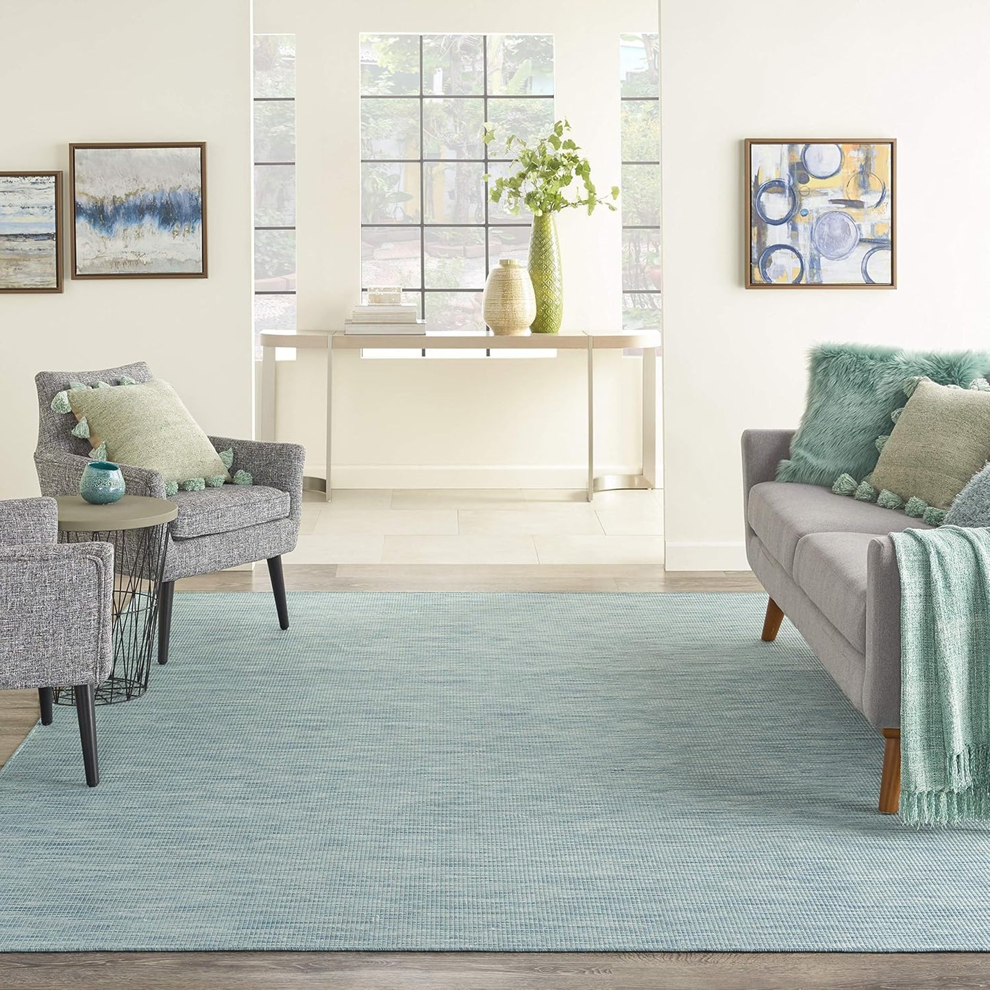 Nourison Positano Indoor/Outdoor Aqua 8' x Round Area Rug, Easy Cleaning, Non Shedding, Bed Room, Living Room, Dining Room, Backyard, Deck, Patio (8 Round)