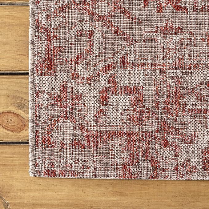 JONATHAN Y SMB105A-4R Estrella Bohemian Medallion Textured Weave Red/Taupe 4' Round Indoor/Outdoor Area Rug, Pet Friendly, Non-Shedding, Stain Resistant, Easy-Cleaning for Backyard, Patio, Porch