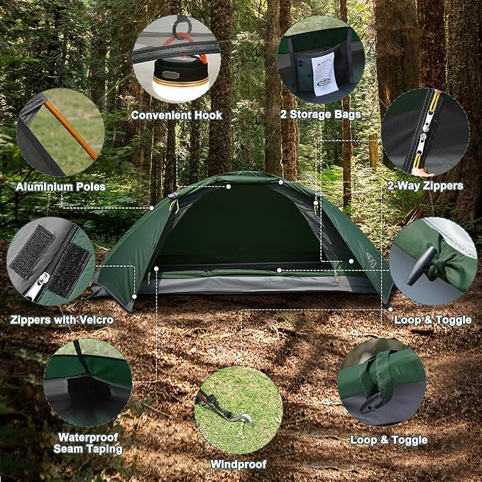 1 Person Tent for Camping Hiking Mountain Hunting Backpacking Tents 4 Season Resistance to Windproof Rainproof and Waterproof