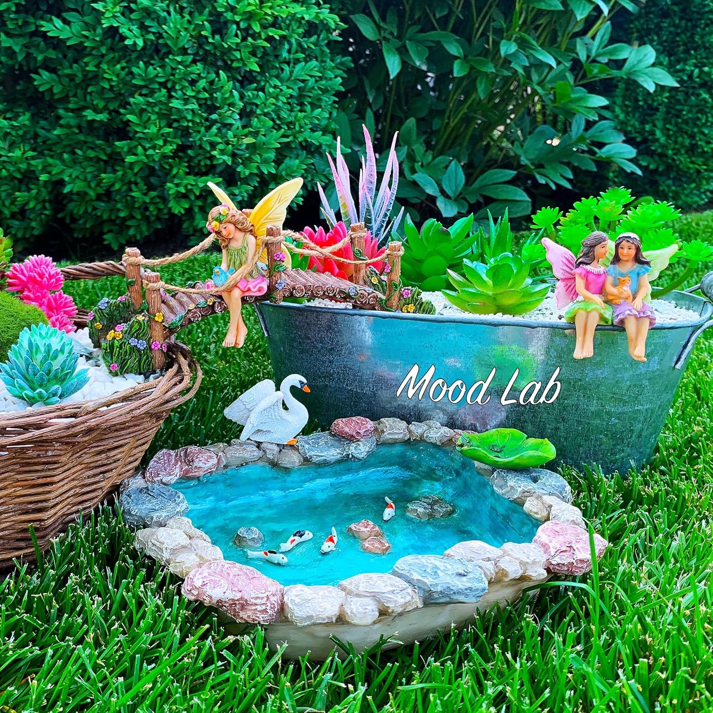 Mood Lab Fairy Garden Fish Pond Kit - Miniature Bridge Set of 6 pcs Fairy Garden Figurines & Accessories - Outdoor or House Decor