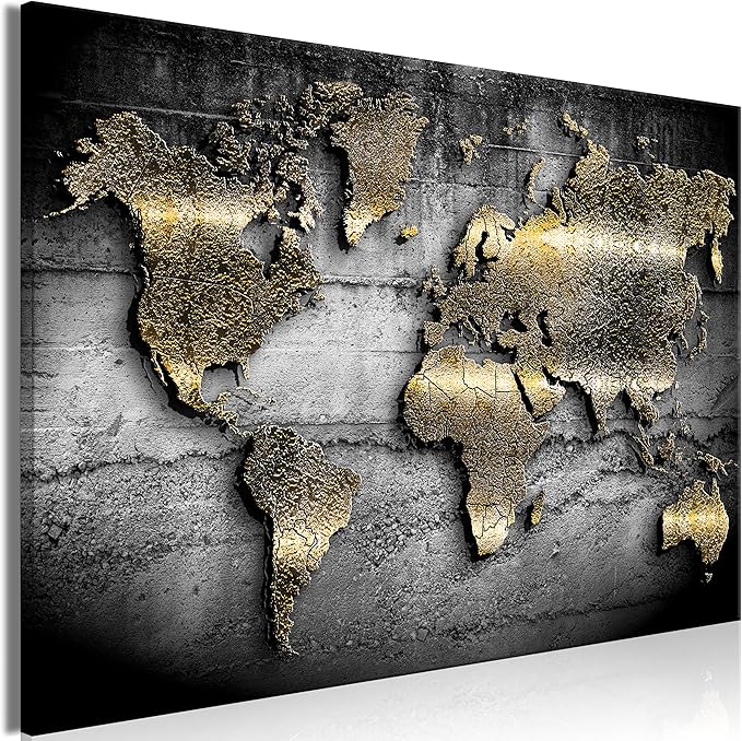 artgeist Textured Canvas Wall Art World map 35x24 in - 1pcs Painting Canvas Prints Picture Artwork Image Framed Contemporary Modern Photo Wall Home map Continents Black k-A-0498-b-a