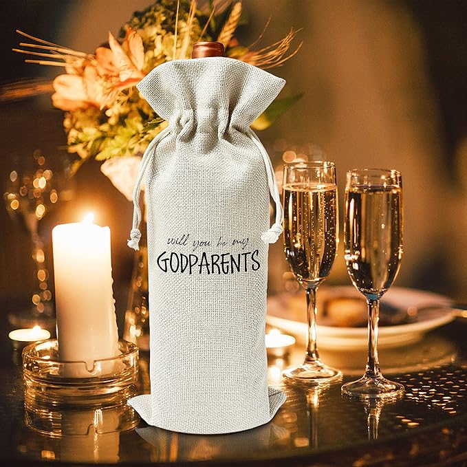 Godfather Wine Gift Bags - Gift for Godfather, Uncle, Godparent, Baptism - Reusable Burlap With Drawstring Gift Bag (5.5"x 13.5")-1 Pcs/jiu066